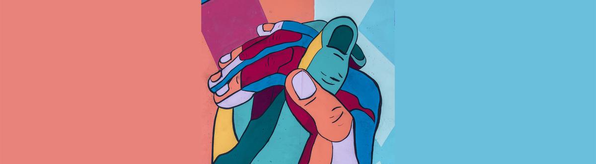 many shapes and colors depicting two hands joined together